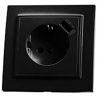 Розетка 1-местная c/з и с USB STEKKER, PST16-9011-03, 250В, 16А, с защитной шторкой, серия Эрна, черный